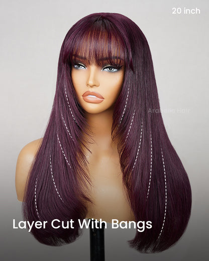 【Super Sale】Dark Plum Colored Pre-Cut Glueless 6-inch Deep Lace Layer Cut Straight With Bangs Easy-Wear Human Hair Wigs