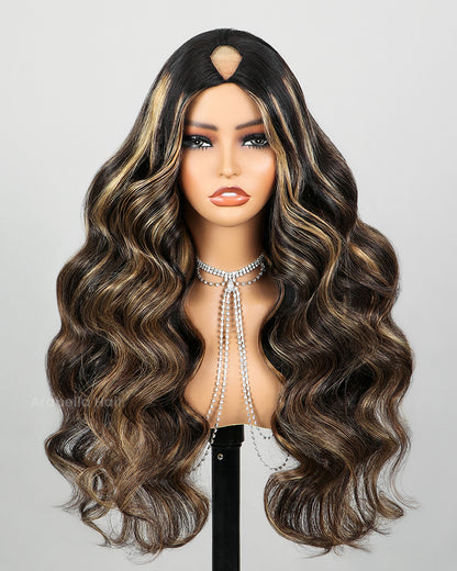 V Part 2.0 Balayage Color Body Wave No Glule Needed Upgraded V Part Cap Human Hair Wigs