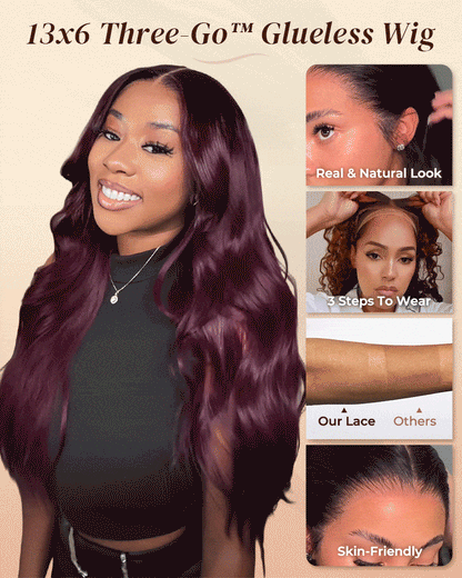 Arabella 13x6/6x5 Glueless Wig Dark Plum Body Wave Wig Invisible Knots Realistic Hairline