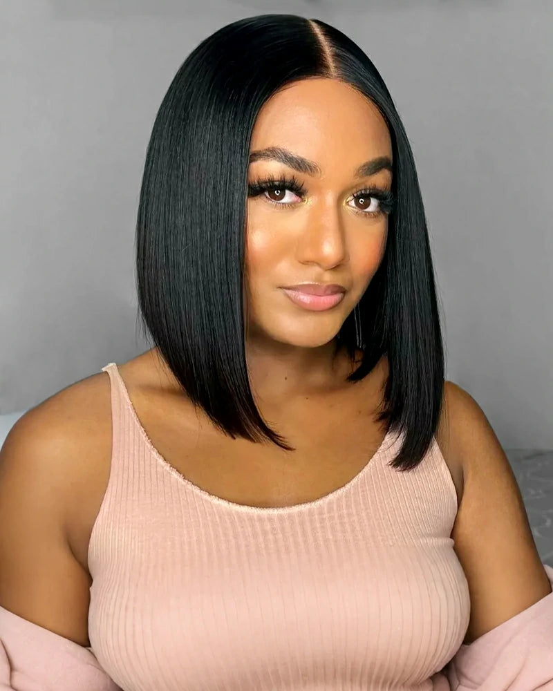 Arabella 6x5 Invisible Knots Glueless &amp; 13x4 Frontal Lace Straight Bob Wig Pre-cut Lace Natural Black Beginner Friendly