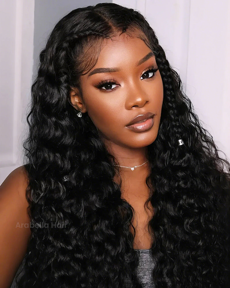 Halo Braided Water Wave 13x4 Lace Front Pre-Plucked Pre-Braid Style Natural Black Human Hair Wig