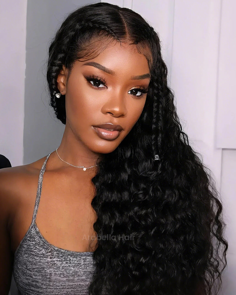 Halo Braided Water Wave 13x4 Lace Front Pre-Plucked Pre-Braid Style Natural Black Human Hair Wig