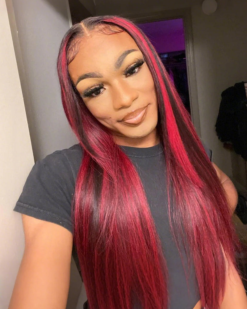 13x4 Lace Dark Burgundy With Rose Red Highlights Straight Human Hair Wigs Free Part