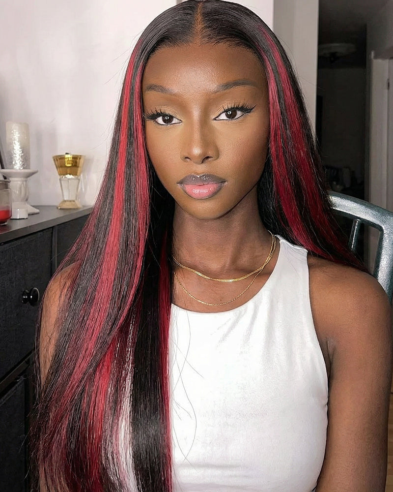 Arabella 13x4 Frontal Lace Red Highlight Straight Wig Invisible Knots Realistic Hairline