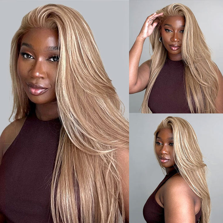 00013x4 Lace Front Mixed Brown &amp; Blonde Color Straight Human Hair Wig