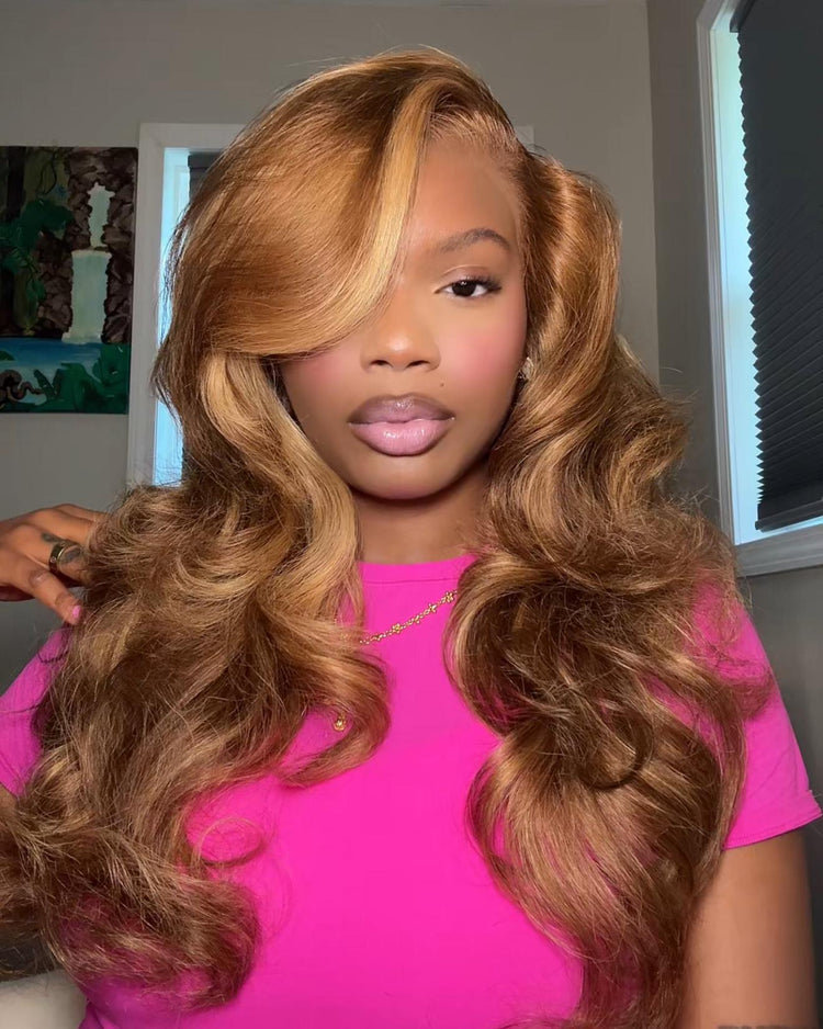 Arabella 6x5 invisible knots Glueless Honey Blonde Highlights On Brown Wig Body Wave Wig Realistic Hairline