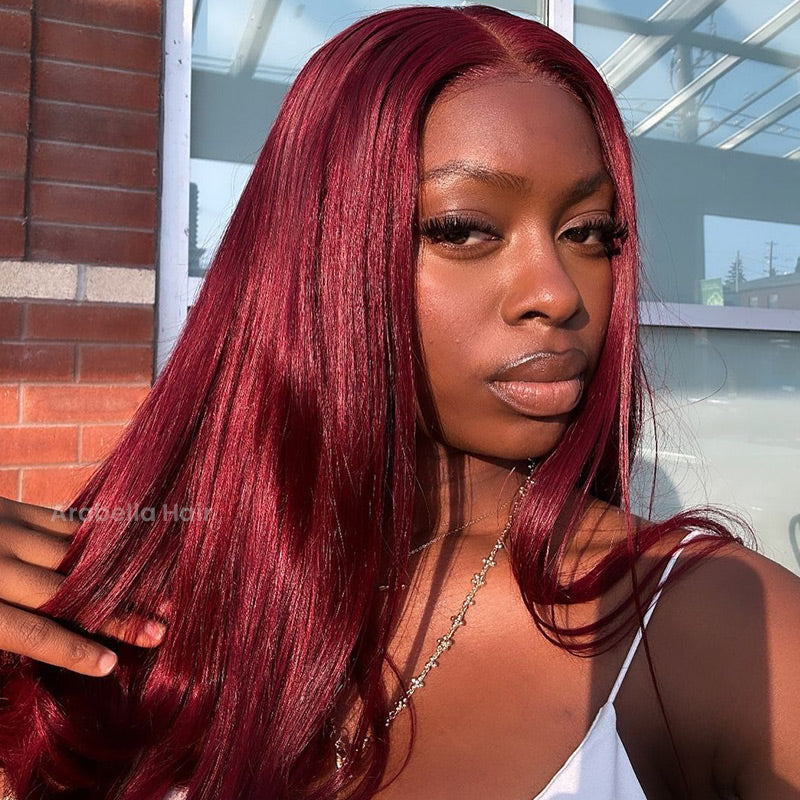 【Limited Design】Burgundy Red 99J Easy-Wear Glueless 6x5 Pre-Cut Lace Straight Wig With Bleached Knots Colored Human Hair