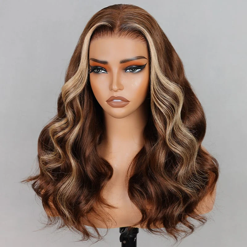 【Limited Design】 Double Drawn Money Piece Highlight Colored Body Wave Easy-Wear Glueless 6x5 Pre-Cut Lace With Bleached Knots Human Hair