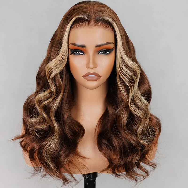 【Limited Design】 Double Drawn Money Piece Highlight Colored Body Wave Easy-Wear Glueless 6x5 Pre-Cut Lace With Bleached Knots Human Hair