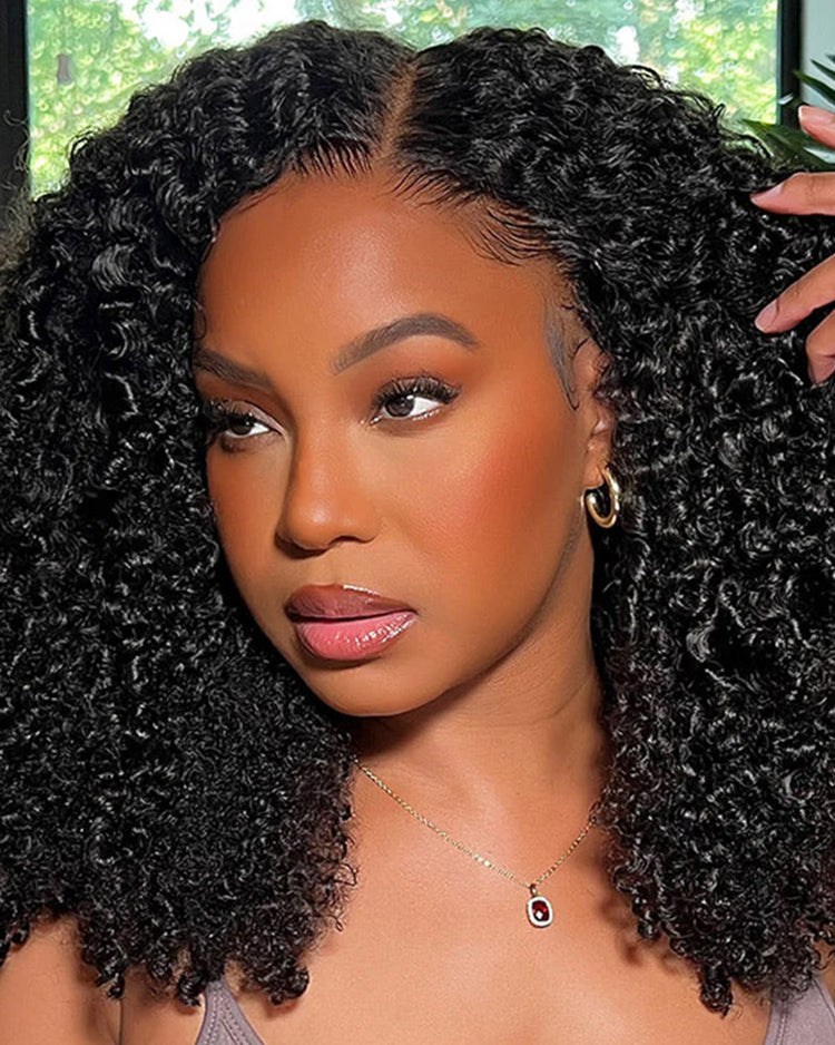 【BOGO】Limited Design Special Jerry Curl Natural Black 6-inch Deep Lace Double Drawn Human Hair Wigs