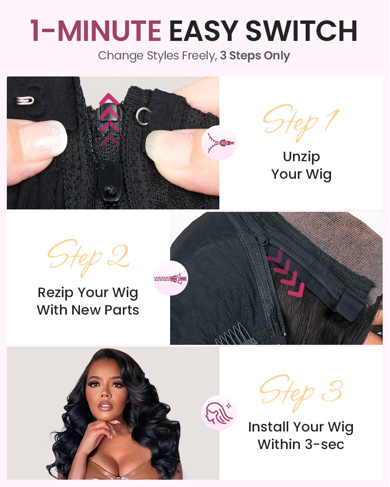 ZIP&amp;Mix-All Wigs | Body Wave Natural Black Glueless 6x5 Pre-Cut Lace Wig With Optional Replaceable Tops