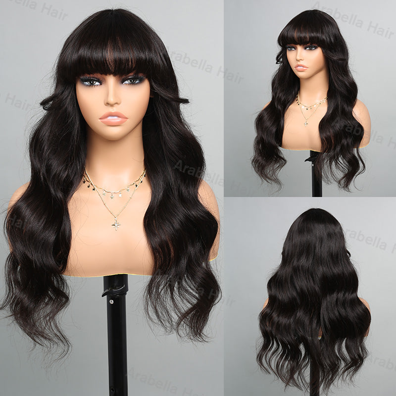 Long Body Wave With Bangs Glueless Wig Non-Lace Machine Made Natural Black Protective Style Human Hair Wigs