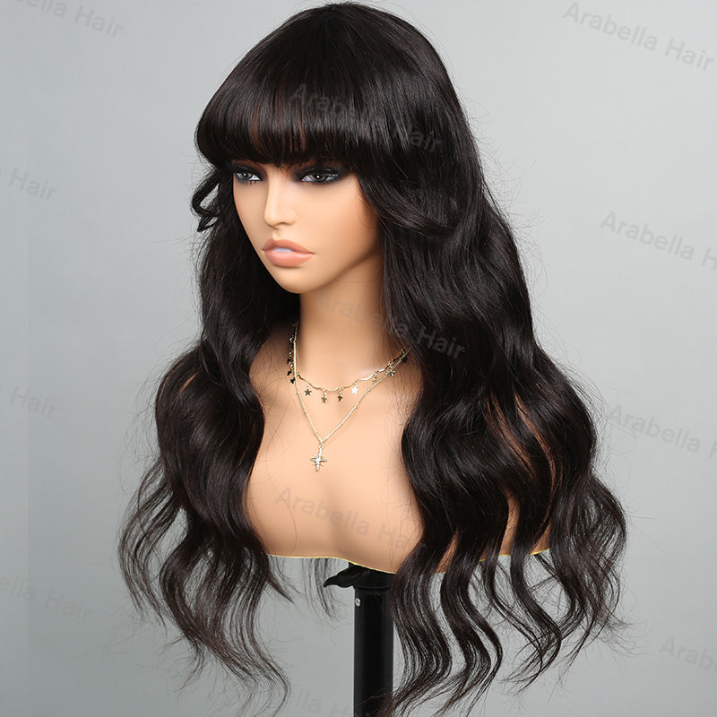 Long Body Wave With Bangs Glueless Wig Non-Lace Machine Made Natural Black Protective Style Human Hair Wigs