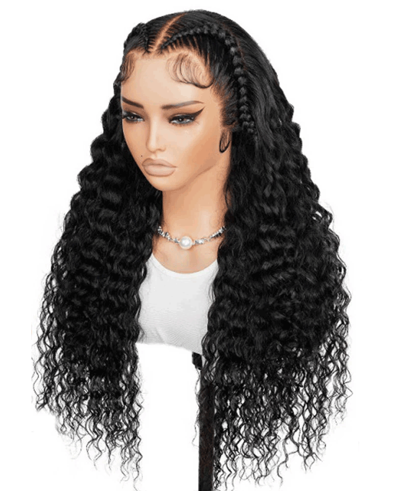 Halo Braided Water Wave 13x4 Lace Front Pre-Plucked Pre-Braid Style Natural Black Human Hair Wig