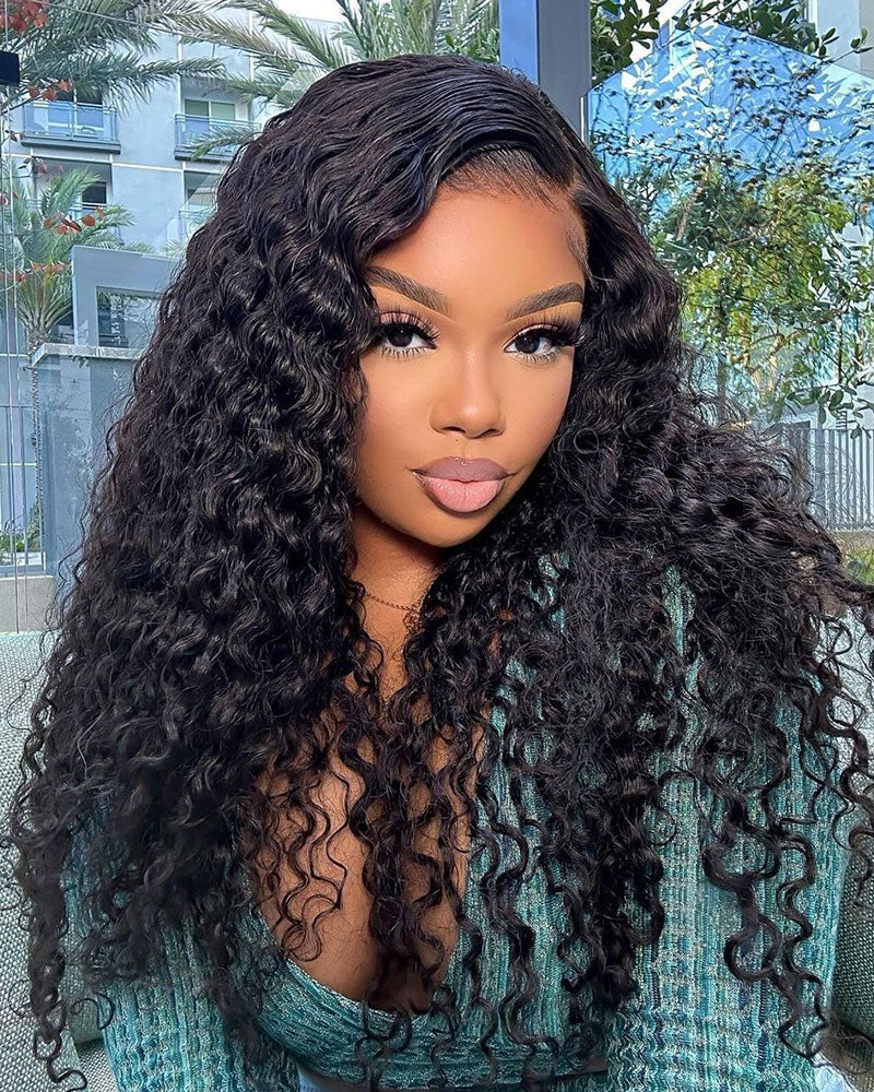 Halo Braided Water Wave 13x4 Lace Front Pre-Plucked Pre-Braid Style Natural Black Human Hair Wig