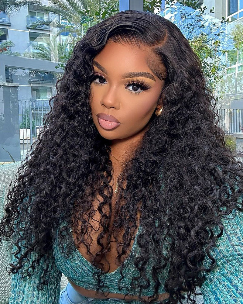 Halo Braided Water Wave 13x4 Lace Front Pre-Plucked Pre-Braid Style Natural Black Human Hair Wig