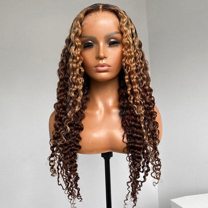 Glueless Closure Lace Wavy Wig with Honey Blonde Piano Highlights Color Human Hair