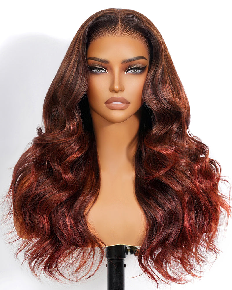 Arabella 13x6 Three-Go™ Burgundy Brown Ombre Glueless Wig Loose Body Wave With Drawstring 100% Human Hair Wig