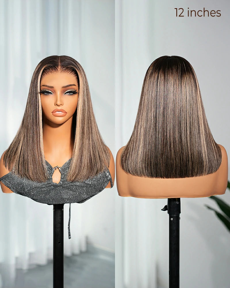 Arabella 13x6 Three-Go™ 250% Density Ombre Platinum Blonde Balayage Highlights Glueless Wig Straight Bob Wig  With Drawstring