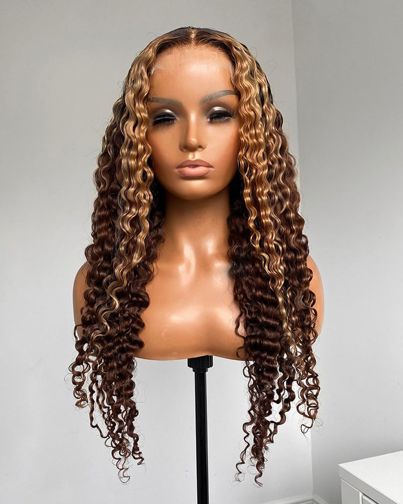 Glueless Closure Lace Wavy Wig with Honey Blonde Piano Highlights Color Human Hair