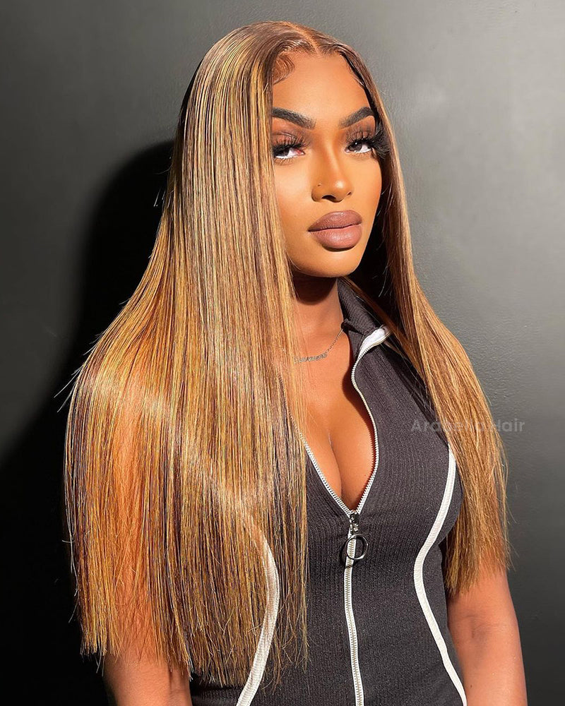 13x4 Lace Honey Blonde with Piano Highlights - Straight Colored Lace Front Human Hair Wig