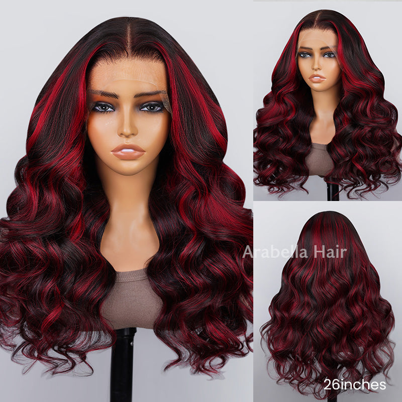 13x4 Lace Front Body Wave Dark Burgundy Rose Red Highlights HD Lace Free Part Wig