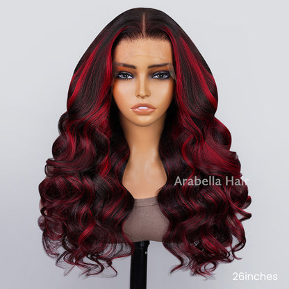 13x4 Lace Front Body Wave Dark Burgundy Rose Red Highlights HD Lace Free Part Wig