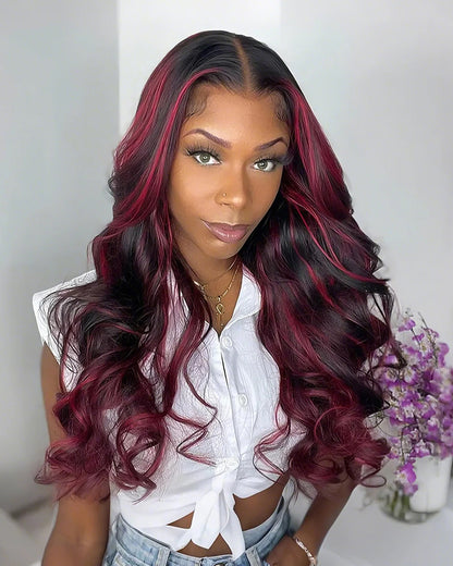 13x4 Lace Front Body Wave Dark Burgundy Rose Red Highlights HD Lace Free Part Wig