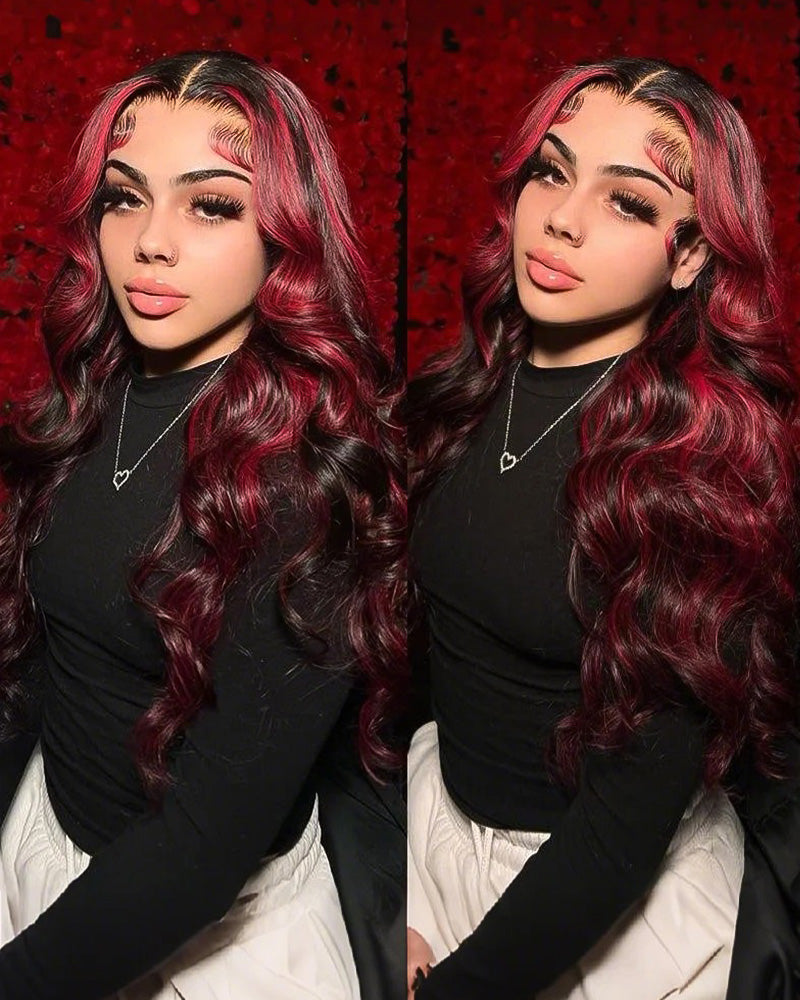 13x4 Lace Dark Burgundy With Rose Red Highlights Body Wave/Straight Hair Lace Free Part Color Wigs