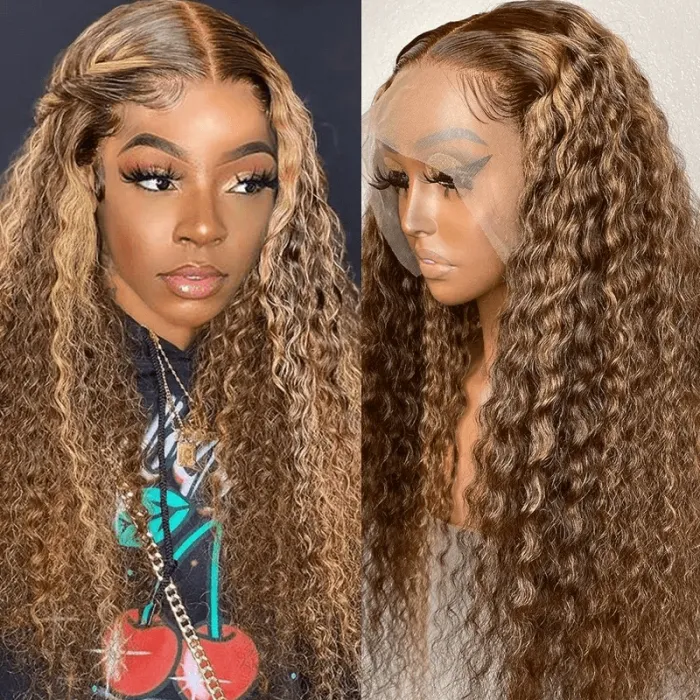 13X4 Lace 26" Honey Blonde Piano Highlights Color Lace Front Deep Wave Human Hair Wigs