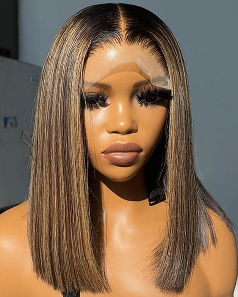 【Bogo Sale】Straight Short Bob Wigs Glueless 6x5 Lace Mix Color Human Hair Middle Part
