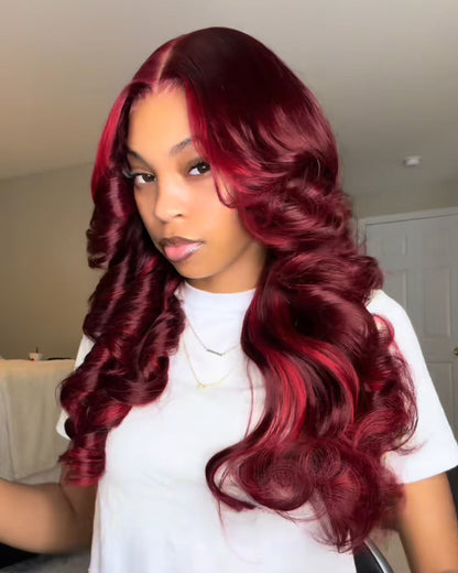 Red Velvet Balayage Wine Glueless 6x5 Pre-Cut Lace Loose Body Wave Multi Highlight Color Human Hair Wig