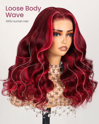 Red Velvet Balayage Wine Glueless 6x5 Pre-Cut Lace Loose Body Wave Multi Highlight Color Human Hair Wig