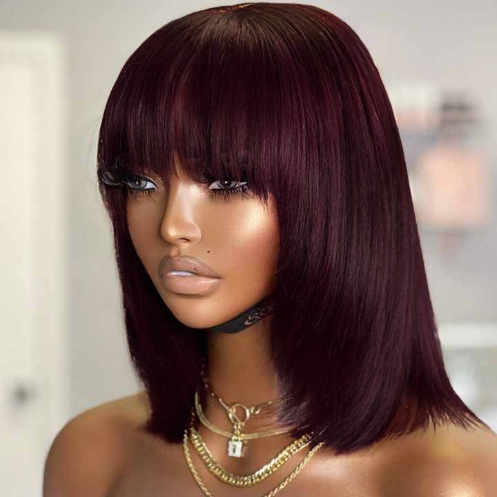 Minimalist Short Bob - Reddish Purple Burgundy Layered Straight with Bangs