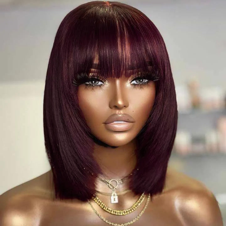 Minimalist Short Bob - Reddish Purple Burgundy Layered Straight with Bangs