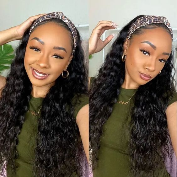 Headband Scaf Water Wave Wig Easy Wear Glueless Natural Black Human Hair Wig for Beginners