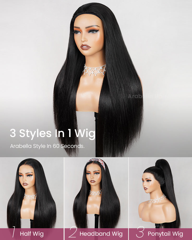 3 In 1 Half Wig Silky Straight Half Wig Or Up-Do Drawstring Cap Beginner-Friendly Human Hair Wigs