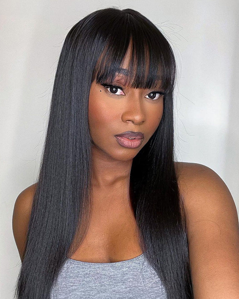 【Super Sale】Straight With Bangs Wig Non-Lace Machine Made Natural Black Protective Style Human Hair Wigs