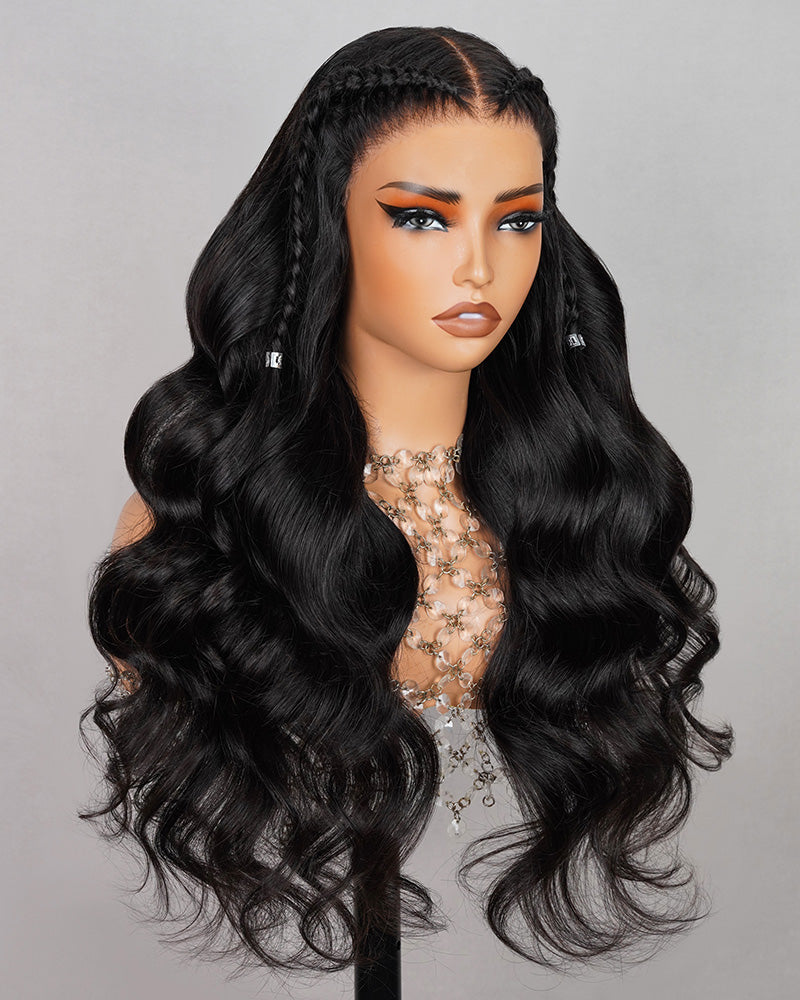 Halo Braided Body Wave 10x6 Parting-Max Pre-Cut Lace Wig Pre-Braid Natural Black Human Hair Wigs