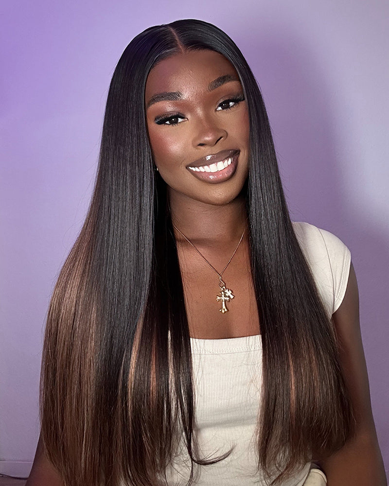 Black Chocolate Peach Ombre Color Straight Pre-Cut 6x5 Glueless Lace Human Hair Wig
