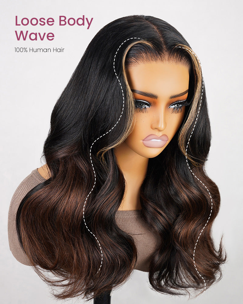 Pre-Cut 6x5 Lace Dark Brown Blonde Highlight Chestnut Brown Ombre Colored Glueless Loose Body Wave Human Hair Wig