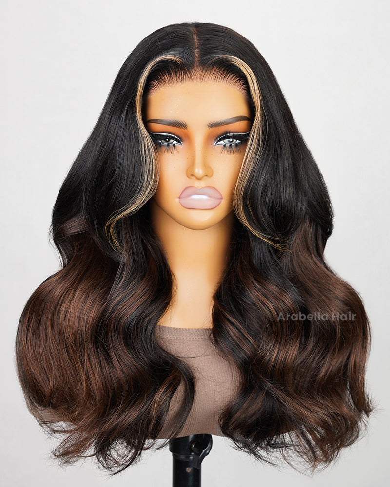 Pre-Cut 6x5 Lace Dark Brown Blonde Highlight Chestnut Brown Ombre Colored Glueless Loose Body Wave Human Hair Wig