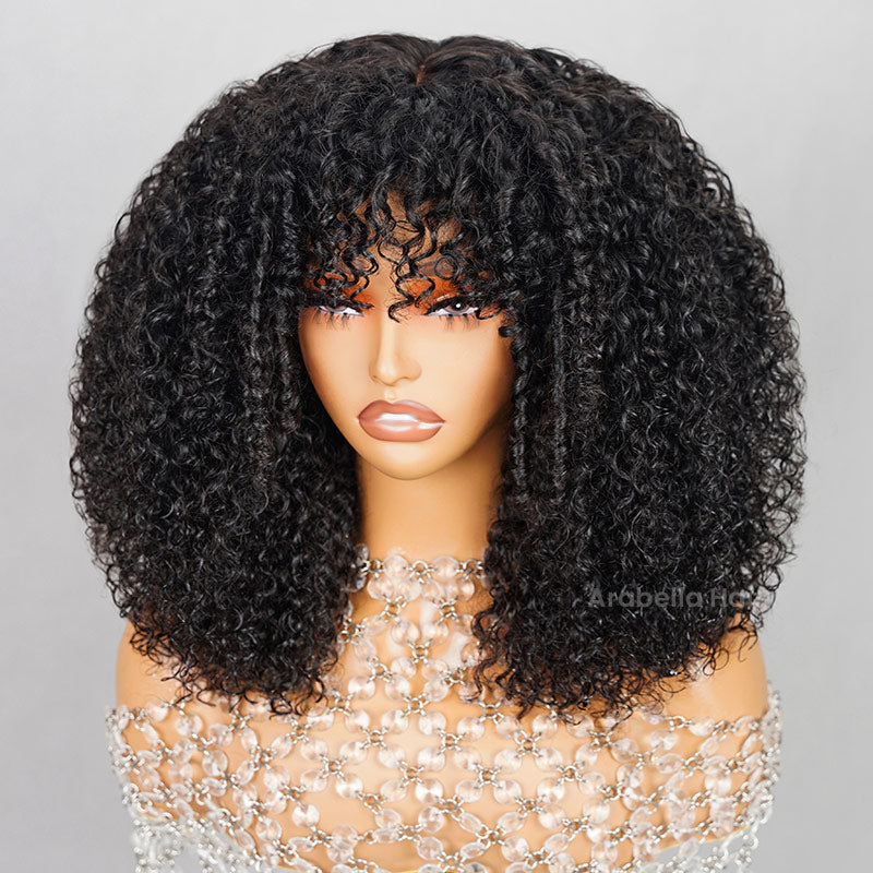 Afro Kinky Curly Wig With Bangs Natural Black Full Machine Made Wigs Remy Hair