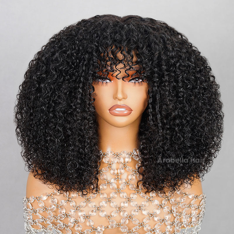 Afro Kinky Curly Wig With Bangs Natural Black Full Machine Made Wigs Remy Hair