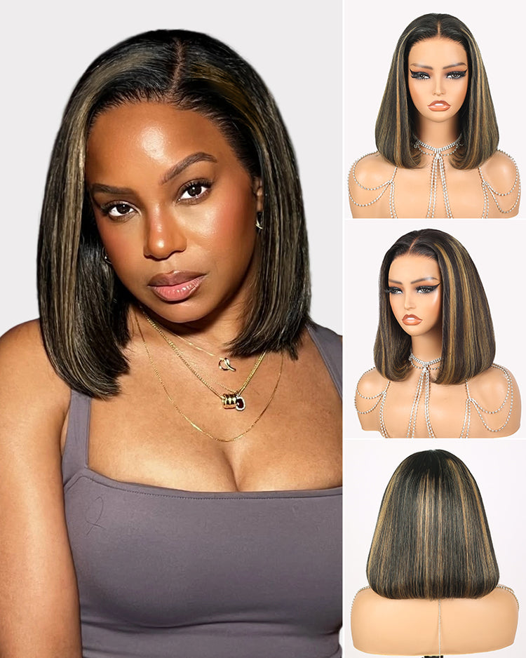 Arabella 6x5 Invisible Knots &amp; 13x4 Frontal Lace Balayage Highlight Straight Bob Colored Wig Pre-cut Lace Beginner Friendly