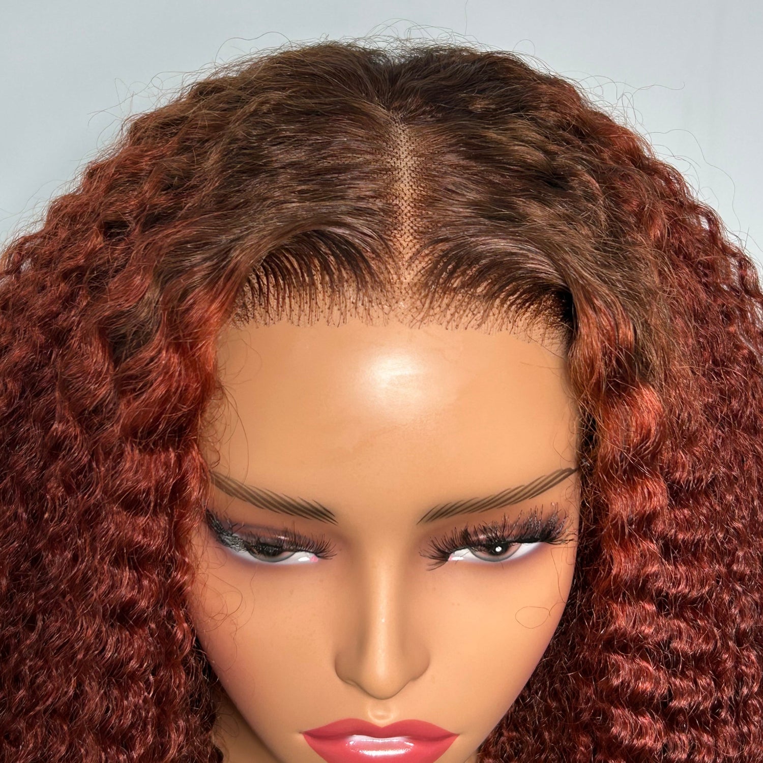 6x5 Afro Curly Easy-Wear Glueless Pre-Cut Lace Ombre Brown Color With Reddish Brown Colored Bleached Knots Middle Part Human Hair Wigs