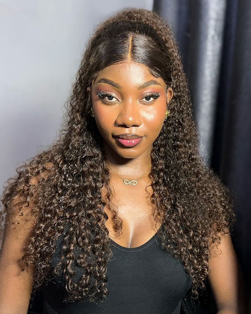 Chestnut Brown Color Water Wave Curly 13x4/6x5 Lace Human Hair Wig Free Parting