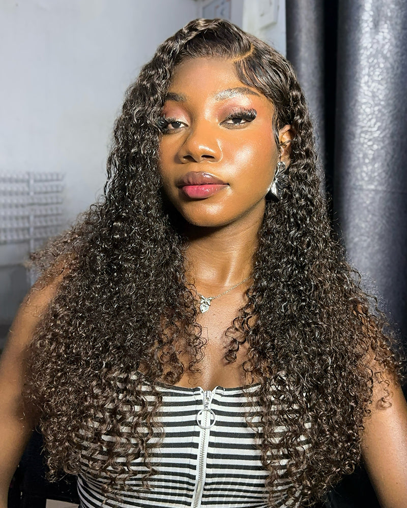 Chestnut Brown Color Water Wave Curly 13x4/6x5 Lace Human Hair Wig Free Parting