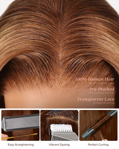 Arabella 6x5 invisible knots Glueless Honey Blonde Highlights On Brown Wig Body Wave Wig Pre-cut Lace Beginner Friendly