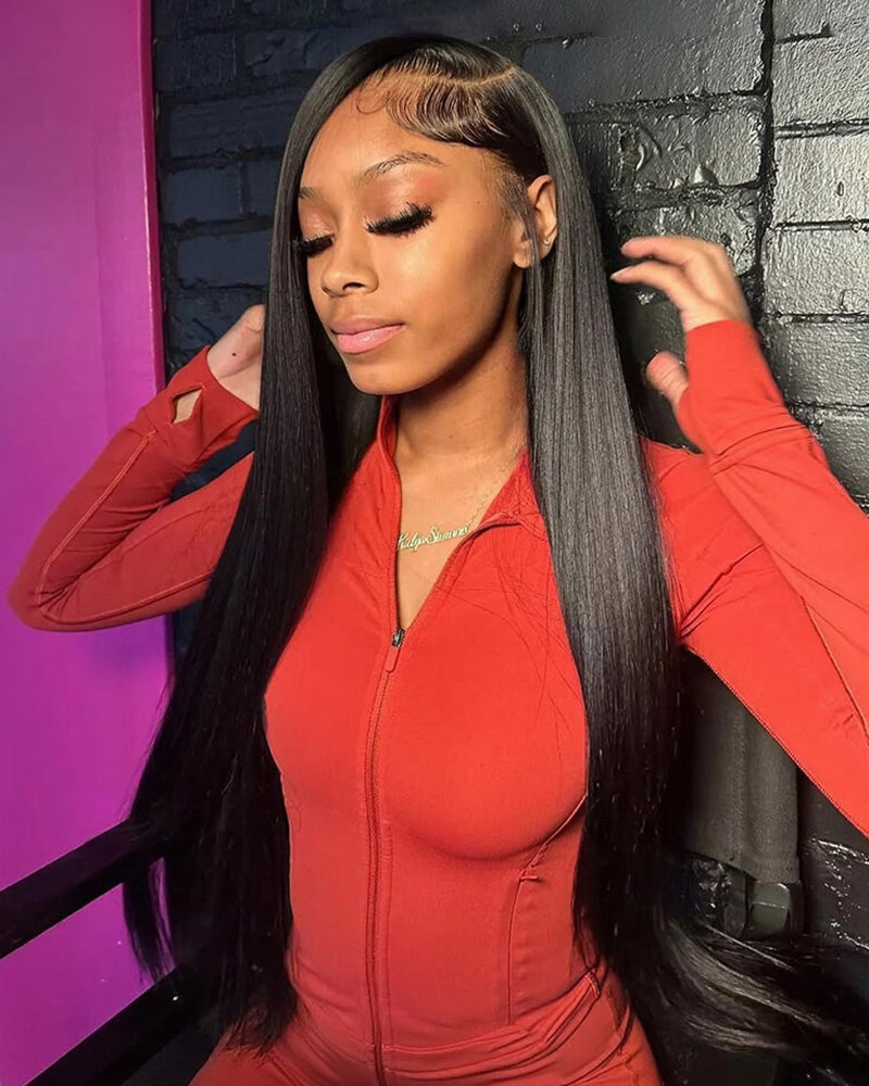 Arabella 6x5 invisible knots &amp; 13x4 Pre-All Glueless Straight Wig Pre-cut Lace Natural Black Beginner Friendly